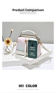 Detailed size comparison of the gradient PU leather handbag next to a smartphone