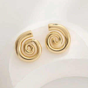 Detailed view of gold plated spiral waterdrop earrings on a white display stand