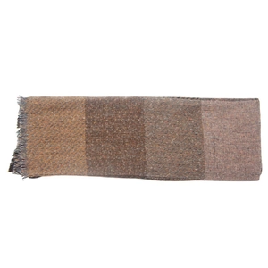 Close-up of brown and beige plaid scarf showing tweed texture and fringe detail