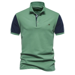 Men Short Sleeve Polo Shirt Cotton Pique Breathable Color Block Patchwork Lapel Casual Summer Top