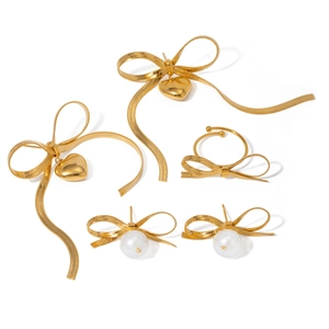 18k gold plated stainless steel jewelry set with bowknot heart earrings and ring