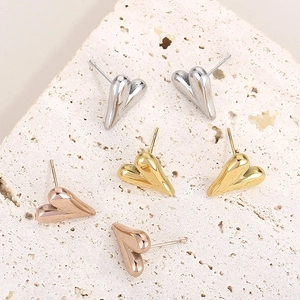 Fashion 18K gold plated stainless steel heart stud earrings in three metallic colors