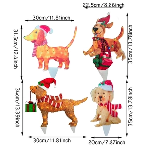 Detailed size view of four light-up metal dog garden stakes with Christmas hats