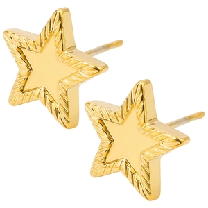 Macro shot of gold star stud earrings with radial texture and polished mirror finish