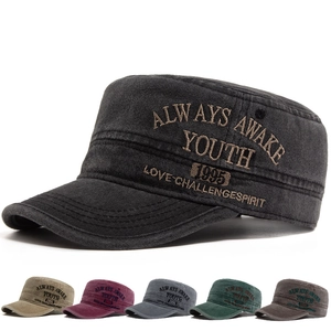 Washed Cotton Flat Top Cadet Cap Vintage Letter Embroidery Adjustable Outdoor Military Hat For Men Women