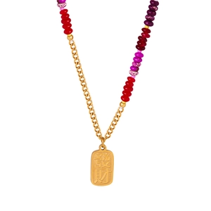Retro gold plated titanium steel necklace with colorful beads and Fa Cai pendant