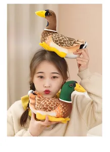 Realistic mallard duck plush toy with vivid feather texture shown in a cozy embrace