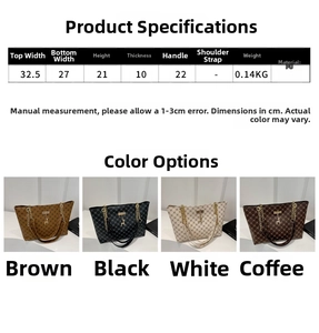 Detailed size chart for minimalist PU leather tote bag showing four classic colors