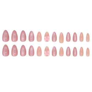 Unghie finte sfumate rosa con fiocchi e glitter, forma a mandorla, set da 24 pezzi