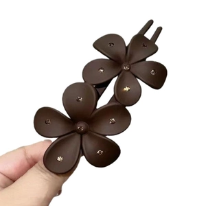 Elegant dark coffee double flower acrylic hair claw clip with sparkling rhinestones decoration