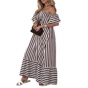 Detail of off-shoulder striped maxi dress featuring elastic neckline and ruffled hem