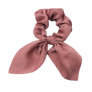 Elegant rose silk satin scrunchie with long bow ribbon tie for hair styling