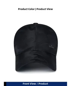 Front view of black camo baseball cap with high-quality metal logo detail
