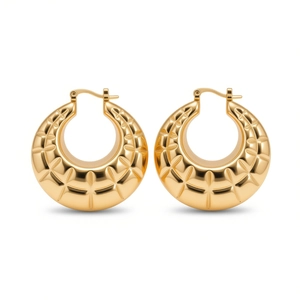 Elegant gold geometric hoop earrings with textured quilted metal pattern for women