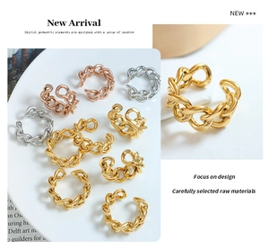 Detailed view of geometric chain rings in gold, silver, and rose gold finishes