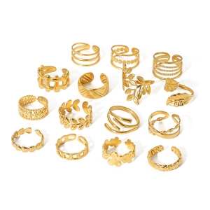 14-piece 18k gold plated stainless steel ring set with floral and leaf geometric designs