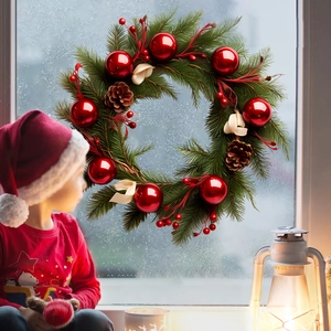 Détail d'une couronne de Noël avec aiguilles de pin et baies rouges sur fenêtre