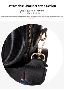 Detail of detachable shoulder strap with golden lobster clasp on a black leather backpack