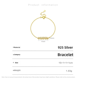Detailed size parameters of the gold S925 silver MAMA letter bracelet with dimensions
