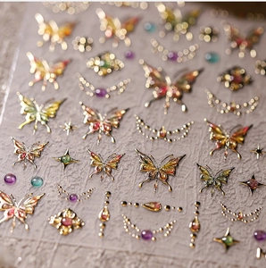 Detail of 3D embossed butterfly nail stickers with gold outlines and colorful gradients