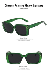 Detail view of square green retro sunglasses with grey lenses and silver studs