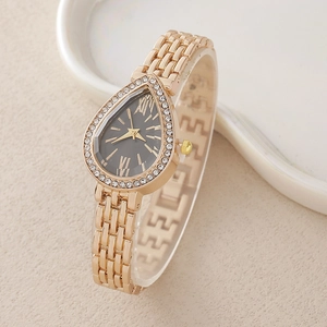 Fashionable water-drop quartz watch for women with rose gold snake-style chain strap