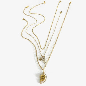 Three-layer 18K gold plated necklace set with starfish, seashell and coral pendants