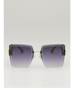 Front view of square oversized sunglasses with gradient purple lenses and green accents