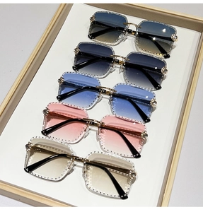 Detailed top view of rimless square sunglasses with luxury rhinestone edges in five colors