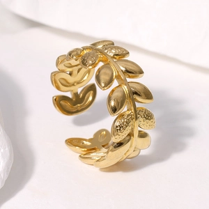 Minimalist 18K gold plated stainless steel open leaf ring with adjustable branch design