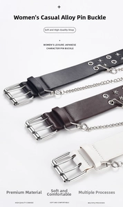 Detail of star-studded double grommet PU leather belts in black, brown, and white with chain