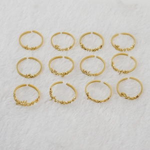 Macro view of twelve zodiac rings set in gold finish with adjustable open bands