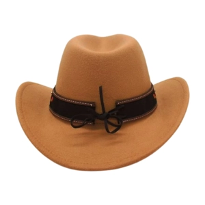 Detail of khaki wool felt western cowboy hat with decorative black stitched band and knot