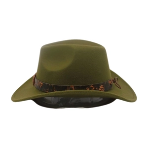Close-up of olive green wide brim fedora hat with textured brown decorative band