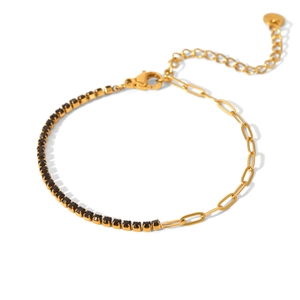 Detail of 18k gold plated chain bracelet with black zircons and paperclip links