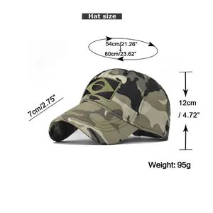 Detailed size guide for camouflage baseball cap with Brazil flag embroidery and dimensions