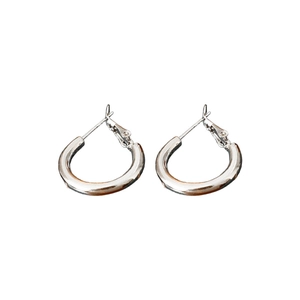 Pair of silver minimalist lever-back hoop earrings with polished metal finish on white background