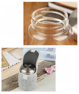 Detailed view of smooth glass rim with grey cotton protective sleeve and stainless steel lid
