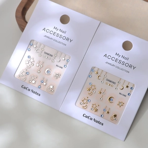 Nail art stickers set with gold and silver moon, stars, and rhinestones MJ-046