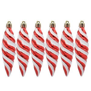 Set of six spiral Christmas ornaments with red and white glitter stripes on white background