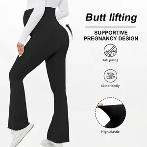High waist black flared maternity yoga pants with belly support and butt lifting design