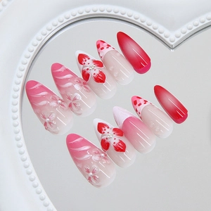 Stijlvolle magenta gradiënt French kunstnagels met 3D-parelbloemen en rode patronen