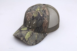 Detail of outdoor camo baseball cap showing jungle leaf pattern and breathable mesh back