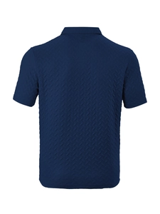 Rear view of navy short sleeve polo shirt featuring unique herringbone quilted fabric texture
