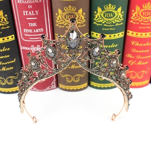 Close-up of Baroque vintage bridal crown with grey and black faceted crystals