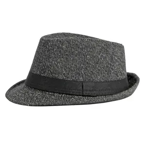 Classic British style dark gray tweed jazz fedora hat with black decorative band