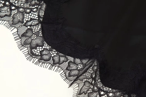 Gros plan détaillé sur dentelle noire délicate avec motifs floraux et bordure cils