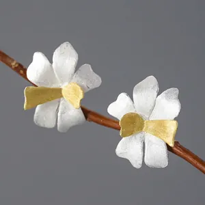 Pastoral Style 925 Sterling Silver Flower Petal Stud Earrings For Women Artistic Handmade Brushed Matte Bicolor Earrings