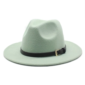 Classic mint green wool fedora hat with wide brim and black leather buckle strap