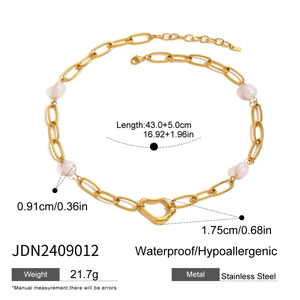 18k gold plated stainless steel pearl necklace with open heart pendant and measurements